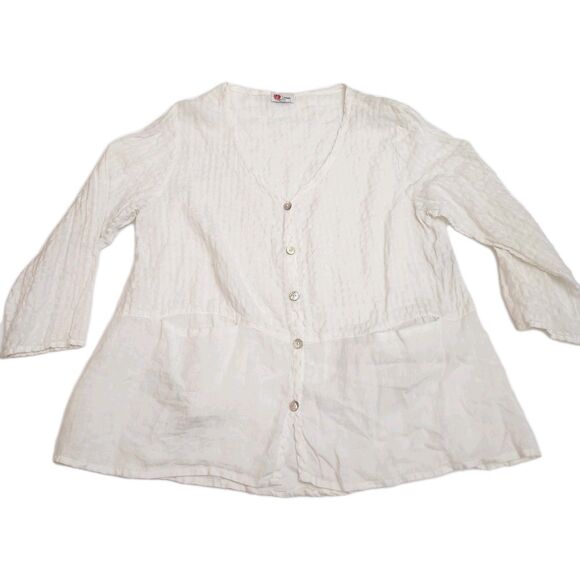 Linnea White Cream Button Linen Blend Blouse Lagenlook Artsy Boho US Made SZ L - Picture 1 of 15
